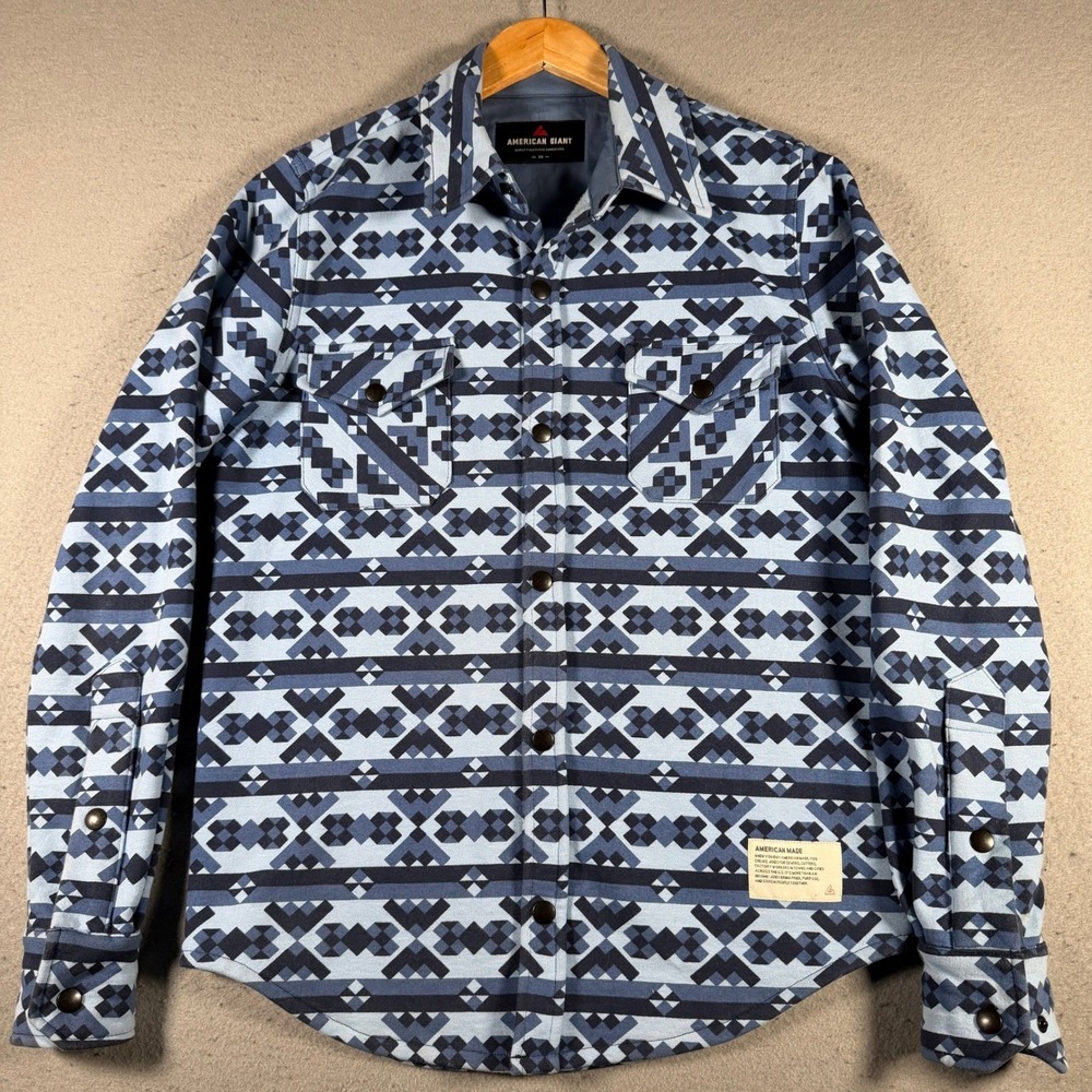 American Giant Redwood Fleece Mens XS‎ Blue Geometric Aztec Cotton Made in USA